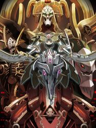  absurdres dual_wielding face_nemesis glowing glowing_eyes halo highres holding jade_face mecha mechanical_halo metal_face_(xenoblade) moyashi_(karamisouma) no_humans robot sword teeth weapon xenoblade_chronicles_(series) xenoblade_chronicles_1 xord_(xenoblade) yaldabaoth_(xenoblade) 