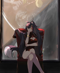  alternate_costume animal_ear_fluff animal_ears black_hair breasts chair china_dress chinese_clothes cleavage_cutout clothing_cutout collar commentary_request dress female glasses hair_ornament hairclip hatotaurus_(ookami_mio) highres hololive jacket jewelry karasuri long_hair looking_at_viewer multicolored_hair ookami_mio sitting sleeveless smile solo streaked_hair tail very_long_hair virtual_youtuber wolf_ears wolf_girl wolf_tail yellow_eyes 