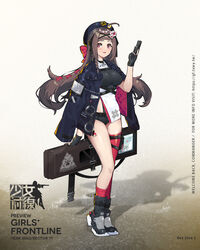  ahoge asymmetrical_legwear bad_link belt beret black_gloves black_shorts blue_hat blunt_bangs blush braid breasts brown_hair character_name colored_shoe_soles cuffs female fingerless_gloves flower girls&#039;_frontline gloves gun hair_flower hair_ornament hair_ribbon handcuffs handgun hat highres holding holding_gun holding_weapon jacket kneehighs large_breasts long_hair long_sleeves off_shoulder official_art pink_eyes pink_legwear promotional_art rex_zero_1 rex_zero_1_(girls&#039;_frontline) ribbon shorts side_braid single_kneehigh single_sock single_thighhigh sleeves_past_wrists socks solo thigh_strap thighhighs uneven_legwear weapon wulazula 