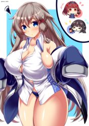  3girls :x alternate_breast_size anchor_hair_ornament azur_lane birmingham_(azur_lane) blue_coat blue_eyes blue_panties blunt_bangs blush bottle breasts brown_hair bursting_breasts button_gap chibi chibi_inset cleavage closed_mouth coat collared_shirt commentary_request cosplay covered_nipples denver_(azur_lane) drink flying_sweatdrops hair_between_eyes hair_ornament hairband highres holding holding_drink kamishiro_(rsg10679) large_breasts lightning_bolt_symbol long_hair long_island_(azur_lane) long_island_(azur_lane)_(cosplay) looking_at_viewer multiple_girls panties red_eyes reeds shirt squiggle standing thighs twitter_username undersized_clothes underwear very_long_hair white_shirt 