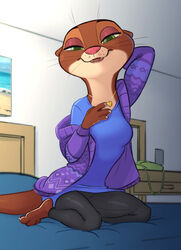  2022 absurd_res anthro barefoot bed bedroom_eyes breasts brown_body brown_fur clothed clothing disney exposure_variation feet female fur furniture green_eyes half-closed_eyes hi_res kneeling lontra looking_at_viewer mammal mrs._otterton multicolored_body multicolored_fur mustelid narrowed_eyes north_american_river_otter on_bed open_mouth open_smile otter river_otter seductive siroc smile smiling_at_viewer solo tan_body tan_fur two_tone_body two_tone_fur zootopia 