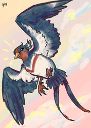  absurd_res avian avian_feet beak blue_body feathered_crest feathered_wings feathers feet female feral flying generation_3_pokemon gesture head_crest hi_res markings mistral_(gyro) nintendo not-fun pokemon pokemon_(species) red_markings solo swellow tail tail_feathers talons toes waving white_body white_markings wings yellow_eyes 