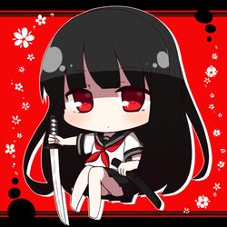  barefoot black_hair black_sailor_collar black_skirt chibi closed_mouth commentary_request female floral_background full_body holding holding_sheath holding_sword holding_weapon katana kureha_(sound_voltex) long_hair looking_at_viewer neckerchief panties pleated_skirt red_background red_eyes red_neckerchief rensei sailor_collar sheath shirt short_sleeves sitting skirt solo sound_voltex sword underwear very_long_hair weapon white_panties white_shirt 