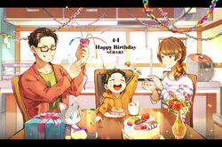  2boys :d aged_down balloon bangsutur birthday birthday_cake birthday_party black-framed_eyewear cake candle cardigan closed_eyes confetti cup female food fork gift glasses green_shirt grin happy_birthday hat highres holding holding_fork hood hoodie indoors low_tied_hair multiple_boys natsuki_kenichi natsuki_naoko natsuki_subaru open_mouth orange_cardigan orange_hoodie party party_hat party_popper plant plate re:zero_kara_hajimeru_isekai_seikatsu shirt short_hair sitting smile streamers string_of_flags striped_clothes striped_shirt stuffed_animal stuffed_toy swept_bangs table 