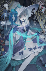  absurdres aoandon bad_id bad_pixiv_id blue_eyes blue_gloves blue_lips blue_ribbon bow character_doll character_request chibi colored_skin dress dress_bow female gloves grey_hair hat hat_ornament highres holding holding_ribbon long_hair looking_at_viewer menreiki momo_no_sei_(onmyoji) onmyoji ribbon rug sakura_no_sei_(onmyoji) shoes sitting solo tassel unworn_shoes very_long_hair white_dress white_skin wide_sleeves witch_hat yuexiangguan 