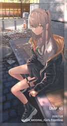  absurdres artist_name brown_eyes brown_hair character_name commentary crosswalk dated female girls&#039;_frontline highres hood hooded_jacket jacket nurim road shoes sneakers solo street traffic_cone tree ump45_(girls&#039;_frontline) 