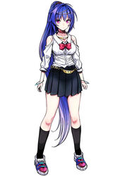  bare_shoulders black_skirt black_socks blue_hair bow bowtie bracelet character_request choker clothing_cutout collarbone collared_shirt female full_body high_ponytail highres jewelry kneehighs long_hair looking_at_viewer megido72 miniskirt murmur_(megido72) pink_eyes pleated_skirt puyo_(puyotopia) red_bow red_bowtie shirt shoes shoulder_cutout simple_background skirt sneakers socks solo standing thighs very_long_hair white_background white_shirt 