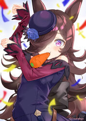  animal_ears arm_up bare_shoulders black_dress black_hat blue_flower blue_rose blush brown_hair carrot commentary_request confetti dress female flower food_in_mouth fujima_takuya golshi&#039;s_first_place_pose hair_over_one_eye hand_up hat hat_flower highres horse_ears horse_girl horse_pose long_hair long_sleeves looking_at_viewer mouth_hold off-shoulder_dress off_shoulder purple_eyes rice_shower_(umamusume) rose signature sleeves_past_wrists solo tilted_headwear umamusume very_long_hair 