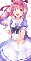  :d animal_ears aru_(arudes) bow bowtie clenched_hand female flower_in_eye hair_intakes hairbow haru_urara_(umamusume) headband highres horse_ears horse_girl horseshoe_ornament long_hair looking_at_viewer miniskirt open_mouth outstretched_arm pink_eyes pink_hair pleated_skirt ponytail puffy_short_sleeves puffy_sleeves purple_shirt ribbon sailor_collar sailor_shirt school_uniform serafuku shirt short_sleeves skirt smile solo summer_uniform symbol-shaped_pupils symbol_in_eye tracen_school_uniform umamusume v white_skirt 