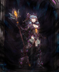  absurdres armor blue_eyes breasts cleavage corruption dark_persona darkness female full_body fusion grey_hair groin head_wings highres holding holding_staff kiri_no_ou_(xenoblade) leebigtree leotard medium_breasts melia_antiqua possessed solo staff standing thighhighs wings xenoblade_chronicles:_future_connected xenoblade_chronicles_(series) xenoblade_chronicles_1 