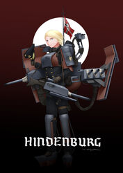  absurdres armor black_gloves blonde_hair blue_eyes breastplate cannon character_name commentary dark_background english_commentary female flag full_body gloves hat headphones headphones_around_neck highres hindenburg_(ryan_greythorn) holding holding_clothes holding_hat kriegsmarine long_sleeves machinery military military_uniform nazi_war_ensign original peaked_cap personification pouch rigging ryan_greythorn shin_guards short_hair signature solo standing swastika turret uniform unworn_hat unworn_headwear world_of_warships 