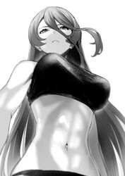  bare_arms bare_shoulders breasts character_request commentary_request crop_top female from_below frown greyscale hair_between_eyes highres large_breasts long_hair looking_at_viewer midriff monochrome navel puyo_(puyotopia) simple_background sleeveless solo stomach straight_hair toned very_long_hair white_background 