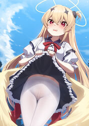  absurdres bada_(jksh5056) black_skirt blonde_hair blue_sky blush bow chucolala clothes_lift cloud collared_shirt commentary_request commission day female frilled_skirt frills hair_between_eyes hair_ornament halo highres lifting_own_clothes long_hair looking_at_viewer navel one_side_up open_mouth outdoors pantyhose puffy_short_sleeves puffy_sleeves red_bow red_eyes shirt short_sleeves skirt skirt_lift sky solo suzumiya_rin tears thigh_gap very_long_hair virtual_youtuber wavy_mouth white_pantyhose white_shirt 