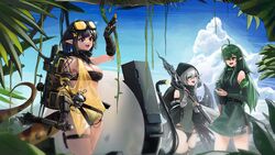  3girls :d ^_^ absurdres antenna_hair arknights arm_up bandeau bare_shoulders black_gloves black_hair blue_eyes blue_sky breasts cleavage closed_eyes cloud commentary_request crocodilian_tail day eunectes_(arknights) gavial_(arknights) gloves goggles goggles_on_head green_hair grey_hair highres hood lancet-2_(arknights) long_hair medium_breasts monge_baby multiple_girls open_mouth outdoors pointy_ears robot short_hair sky smile snake_tail strapless tail thigh_strap thighs tomimi_(arknights) tube_top very_long_hair 