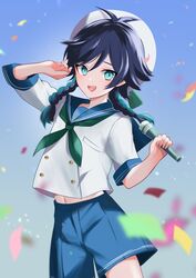  1boy antenna_hair aqua_eyes bishounen black_hair blue_hair braid commentary cowboy_shot genshin_impact gradient_hair hat highres looking_at_viewer male_focus microphone multicolored_hair navel open_mouth otoko_no_ko rrr_gns_(riuriu_1212) sailor_collar sailor_hat sailor_shirt shirt short_hair_with_long_locks short_sleeves smile solo teeth twin_braids two-tone_hair upper_teeth_only venti_(genshin_impact) 