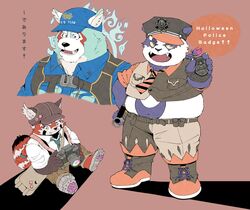  2021 ailurid alp_(tas) anthro bear belly blue_body bottomwear camera canid canine canis clothing costume giant_panda group halloween halloween_costume hat headgear headwear hi_res holidays kemono lifewonders male mammal oguchi_magami_(tas) overweight overweight_male pants police police_badge police_hat purple_body red_panda shirt sitting text tokyo_afterschool_summoners topwear translation_request white_body wolf xa_tu1 zhurong_(tas) 