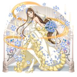  :d blue_eyes blue_flower bouquet brown_hair dress female floating_hair flower from_side full_body hair_flower hair_ornament high_heels highres holding holding_bouquet jewelry long_dress long_hair looking_at_viewer necklace official_art open_mouth pantyhose parted_bangs pumps sidelocks sleeveless sleeveless_dress smile solo sortiliena_serlut stairs standing striped_clothes striped_dress sword_art_online sword_art_online:_memory_defrag transparent_background very_long_hair wedding_dress white_dress white_pantyhose yellow_footwear 