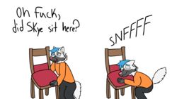  16:9 anthro blue_eyes blue_hair canid canine chair dialogue english_text fox furniture hair hi_res jye male mammal meme oh_fuck_did_x_sit_here? pink_nose profanity simple_background sniffing solo text the_real_fish white_background widescreen 