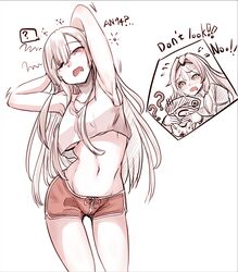  ! !! 1boy 2girls ? ?? absurdres ak-12_(girls&#039;_frontline) an-94_(girls&#039;_frontline) armpits arms_up blush breasts commander_(girls&#039;_frontline) covering_another&#039;s_eyes crop_top dolphin_shorts english_commentary english_text girls&#039;_frontline hairband highres long_hair medium_breasts monochrome multiple_girls navel one_eye_closed open_mouth peroronti s-head_commander short_shorts shorts simple_background sleepy speech_bubble squeans sweat teardrop underboob yawning 