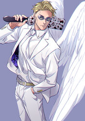  1boy alternate_color angel_wings belt belt_buckle blonde_hair blue_background buckle chromatic_aberration closed_mouth collared_shirt commentary_request cowboy_shot feathered_wings fingernails formal grey-framed_eyewear hand_in_pocket holding holding_sword holding_weapon jacket jujutsu_kaisen kijinkutsu lapels long_sleeves male_focus nanami_kento necktie over_shoulder pants pince-nez round_eyewear shirt short_hair simple_background solo standing suit sunglasses sword sword_over_shoulder weapon weapon_over_shoulder white_jacket white_necktie white_pants white_shirt white_suit white_wings wings 