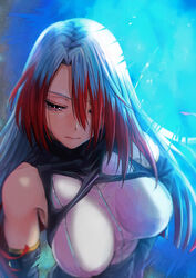  absurdres asmodeus_(megido72) bare_shoulders black_gloves blue_background bodysuit breasts colored_tips commentary_request elbow_gloves female gloves hair_over_one_eye highres large_breasts lips long_hair looking_down megido72 multicolored_hair parted_bangs pink_eyes puyo_(puyotopia) red_hair sleeveless two-tone_hair upper_body white_bodysuit white_hair 