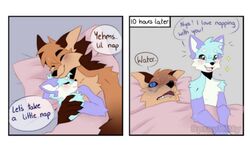  anthro arm_around_partner arm_tuft bedding blanket blue_body blue_fur brown_body brown_fur canid canine closed_eyes cuddling dehydration dialogue duo elbow_tuft english_text facial_tuft fluffy fox fur happy head_tuft humor larger_male male male/male mammal maned_wolf nya open_mouth pillow purple_body purple_fur romantic romantic_couple shoulder_tuft size_difference sleeping sleeping_together smile sparkles spraykitty talking_to_another talking_to_partner text thirsty tongue tuft 