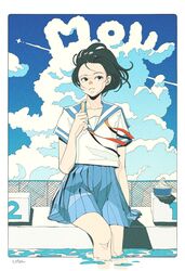  aircraft airplane arm_at_side bad_id bad_twitter_id black_eyes black_hair blue_sailor_collar blue_skirt blue_sky border chain-link_fence cloud cloudy_sky commentary_request contrail cotoh_tsumi cup day diving_block feet_out_of_frame female fence flat_color floating_hair food forehead frown highres holding ice_cream neck_ribbon original outdoors outside_border pale_skin pleated_skirt pool poolside popsicle_stick red_ribbon ribbon sailor_collar school_uniform serafuku shirt short_sleeves signature sitting skirt sky soaking_feet solo sunlight white_border white_shirt wind 