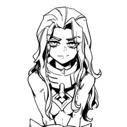  bare_shoulders breasts closed_mouth collar female genderswap_(mtf) greyscale league_of_legends long_hair looking_at_viewer medium_breasts metal_collar monochrome no_bra phantom_ix_row rule_63 smile solo sylas_(league_of_legends) upper_body 