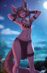  animal_ears armpits artist_name blunt_bangs blurry blurry_background brown_eyes brown_hair commentary english_commentary female flat_chest fox_ears fox_tail highres jewelry khiara_(personal_ami) lips looking_at_viewer navel necklace night original outdoors pelvic_curtain personal_ami short_hair smile solo standing tail thigh_strap tooth_necklace tribal vambraces 