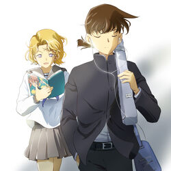  1boy bag belt black_jacket black_pants blonde_hair book brown_hair closed_eyes earbuds earphones facing_viewer female grey_skirt hand_in_pocket jacket kinoshita_tsubasa meitantei_conan okita_soushi_(meitantei_conan) oooka_momiji open_book over_shoulder pants photoshop_(medium) school_bag school_uniform serafuku short_hair skirt standing white_background 