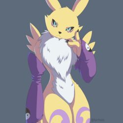  1:1 ambiguous_gender anthro bandai_namco blue_eyes canid canine digimon digimon_(species) digital_media_(artwork) fox fur furrholic looking_at_viewer mammal renamon solo standing white_body white_fur yellow_body yellow_fur 