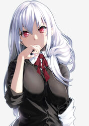  black_sweater breasts collared_shirt covered_mouth female grey_hair hakase_fuyuki hakase_fuyuki_(1st_costume) hand_up highres impossible_clothes large_breasts long_hair looking_at_viewer neck_ribbon nijisanji off_shoulder puyo_(puyotopia) red_eyes ribbon shirt simple_background solo sweater upper_body virtual_youtuber white_background white_shirt 