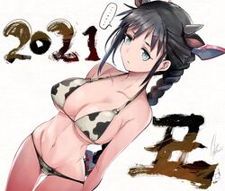  ... 2021 absurdres animal_print ass_visible_through_thighs bikini blue_eyes braid breasts chinese_zodiac cleavage collarbone cow_print cow_print_bikini expressionless female fuuka_(uchuu_ken&#039;etsu-kan) hair_behind_ear highres large_breasts long_hair looking_ahead making-of_available navel print_bikini sadamatsu_ryuuichi solo spoken_ellipsis stomach swimsuit uchuu_ken&#039;etsu-kan very_long_hair white_background year_of_the_ox 