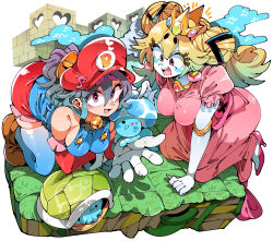  2girls bare_shoulders blonde_hair blush breasts colored_skin cosplay crown dress earrings elbow_gloves frilled_sleeves frills gloves gradient_hair grey_eyes grey_hair hat heart heart_in_eye high_heels jewelry kafun kneeling long_hair looking_at_another looking_at_viewer mario mario_(cosplay) mario_(series) multicolored_hair multiple_girls musical_note offering_hand open_hand open_mouth original pink_dress pink_eyes pink_footwear princess_peach princess_peach_(cosplay) raised_eyebrows red_hat short_eyebrows short_sleeves sideboob smile symbol_in_eye teeth thick_eyebrows toad_(mario) toad_(mario)_(cosplay) turtle_shell upper_teeth_only white_gloves white_skin 