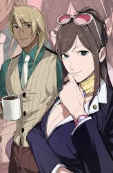  1boy alternate_breast_size amikoiiko apollo_justice:_ace_attorney arm_under_breasts badge beige_waistcoat black_waistcoat blonde_hair blue_eyes blue_magatama breasts brown_hair brown_pants cleavage closed_mouth coffee coffee_mug collared_shirt cosplay cowboy_shot cup dark-skinned_male dark_skin dress_shirt drill_hair earrings ema_skye eyewear_on_head female fingernails glasses godot_(ace_attorney) godot_(ace_attorney)_(cosplay) green_eyes green_shirt gyakuten_saiban hand_on_own_chin highres holding huge_breasts jacket jewelry klavier_gavin lapel_pin lapels light_smile long_hair long_sleeves looking_at_viewer looking_to_the_side magatama magatama_necklace mia_fey mia_fey_(cosplay) mug necklace necktie notched_lapels pants phoenix_wright:_ace_attorney_-_trials_and_tribulations pink_background pink_wrist_cuffs pleated_pants ponytail ribbed_waistcoat scarf shirt short_hair simple_background single_earring smile suit_jacket sunglasses two-tone_waistcoat upper_body vest waistcoat watch white_necktie white_shirt wrist_cuffs wristwatch yellow_scarf zoom_layer 