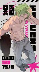  1boy abs black_footwear brown_eyes collarbone from_above full_body green_hair grey_pants groin hand_on_own_head hand_on_own_hip head_down highres hyuuga_yamato light_frown looking_at_viewer male_focus messy_hair mullet navel pants parted_lips pectoral_cleavage pectorals shiny_skin sideways_glance sweatpants text_background toned toned_male topless_male unworn_shirt uta_no_prince-sama wago 