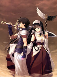  1boy absurdres arm_at_side armor asymmetrical_wings black_eyes black_hair breastplate breasts carrying_over_shoulder cloud cloudy_sky detached_sleeves feet_out_of_frame female fingerless_gloves fog gem gloves glowing hair_ornament hakama hakama_skirt half-closed_eyes highres holding holding_hands holding_staff japanese_clothes jewelry light_smile long_hair looking_at_hand looking_away looking_down medium_breasts mismatched_wings over_shoulder pants pauldrons profile red_hakama ribbon-trimmed_sleeves ribbon_trim ring rod_of_asclepius ryuuna_(shining_tears) sad scan shining_(series) shining_tears shoulder_armor skirt sky sleeveless sleeveless_turtleneck staff standing straight_hair sword sword_over_shoulder tony_taka turtleneck very_long_hair weapon weapon_over_shoulder white_pants wide_sleeves wings xion_magus yin_yang yin_yang_print 