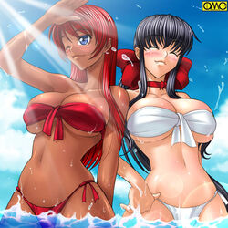  2girls ^_^ arm_behind_back arm_up asura_fantasy_online bikini black_hair blue_eyes blush bow breasts choker cleavage closed_eyes cloud curvy dark-skinned_female dark_skin day front-tie_top groin hair_between_eyes hairbow hand_on_own_hip kagami_hirotaka large_breasts lens_flare light_rays long_hair looking_away lowres multiple_girls navel oerba_yun_fang omc one_eye_closed outdoors pinky_out ponytail red_hair shading_eyes shiny_skin side-tie_bikini_bottom sidelocks sky smile splashing standing string_bikini sunbeam sunlight swimsuit thighs tiy_mitanni underboob upper_body very_long_hair wading water watermark wet yamata_tomomi 