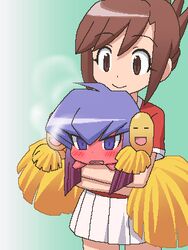  2girls awa bad_link blush cheerleader gradient_hair guchuko holding holding_pom_poms hug jaggy_lines lowres multicolored_hair multiple_girls oekaki pom_pom_(cheerleading) potemayo takamimori_kyou 