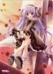  :o absurdres angel_ring_(artbook) animal_ears blush cafe_little_wish cat_ears dress female flat_chest gothic_lolita hairband highres leaf leaning lolita_fashion long_hair mina_(cafe_little_wish) purple_hair solo standing tail tears tinker_bell_(pixiv_10956015) umbrella wavy_hair wind yellow_eyes 