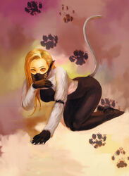  absurdres animal_ears animal_hands blonde_hair body_fur cat_ears female highres kazuma_kaneko mask mouth_mask nekomata_(megami_tensei) ninja_mask paw_print photoshop_(medium) shin_megami_tensei solo tail white_fur white_tail yellow_eyes 