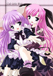  2girls akino_shin animal_ears apron blue_eyes bow cafe_little_wish cat_ears dress frilled_apron frilled_dress frilled_socks frills hairbow holding_waist hug hug_from_behind long_dress long_hair long_sleeves maid merun mina_(cafe_little_wish) multiple_girls pink_hair purple_hair reaching reaching_towards_viewer smile socks tail 