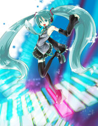  :d aqua_eyes aqua_hair aqua_nails aqua_necktie arm_behind_back arm_up armpits bad_proportions bare_shoulders belt black_skirt black_thighhighs blue_background boots breasts collared_shirt detached_sleeves dot_nose female frilled_shirt frills full_body grey_shirt hair_between_eyes hatsune_miku headphones headset instrument katou_kouki keyboard_(instrument) leg_up light_particles long_hair looking_at_viewer nail_polish necktie open_mouth platform_boots platform_footwear pleated_skirt shiny_clothes shirt shoulder_tattoo skirt sleeveless sleeveless_shirt sleeves_past_wrists small_breasts smile solo tattoo thigh_boots thighhighs twintails very_long_hair vocaloid zettai_ryouiki 