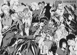  3girls 6+boys aged_down arm_up asagi_maria asagi_mika asato bald balladbird_lee bare_shoulders bear_walken belt beyond_the_grave big_daddy_(gungrave) bob_poundmax brandon_heat buckle buttons clothes_lift collarbone collared_shirt dress dress_lift everyone evil_grin evil_smile expressionless feline full_body gerry goggles greyscale grin gun gungrave handgun harry_macdowell hat holding holding_sword holding_weapon jewelry kugashira_bunji ladd_carabel long_hair long_sleeves looking_at_viewer monochrome multiple_boys multiple_girls multiple_persona muscular necklace necktie outstretched_arm pants pendant profile shaded_face shirt short_hair smile standing suspenders sword teeth uniform upper_body very_long_hair weapon widge 