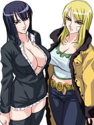  2girls belt black_hair black_legwear blonde_hair breasts cleavage crop_top denim jacket jeans kagami_hirotaka large_breasts legs looking_at_viewer midriff multiple_girls nico_olvia nico_robin one_piece open_clothes open_shirt pants shirt thighhighs thighs unzipped yellow_eyes zettai_ryouiki 