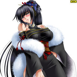  asura_fantasy_online bare_shoulders black_eyes black_hair black_kimono blunt_bangs blush bow breasts cowboy_shot detached_sleeves feather_boa female fingernails hair_between_eyes hair_ornament halterneck hand_on_own_hip head_tilt high_ponytail japanese_clothes kagami_hirotaka kimono large_breasts leaning_back lipstick long_fingernails long_hair long_sleeves looking_at_viewer makeup mole mole_under_eye naughty_face obi omc parted_lips ponytail ribbon ryuuguuden_mana sash shirt side_slit simple_background smile solo tassel taut_clothes taut_shirt turtleneck very_long_hair watermark white_background wide_hips wide_sleeves 