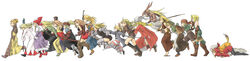  6+girls abekawa absurdres archer_(fft) arithmetician_(fft) armor bandana black_mage_(fft) black_mage_(final_fantasy) black_pantyhose blonde_hair blush boots bow_(weapon) cape chemist_(fft) dancer_(fft) dancer_(final_fantasy) dragoon dragoon_(fft) dragoon_(final_fantasy) everyone final_fantasy final_fantasy_tactics geomancer_(fft) gloves hair_bun hat headband heart helmet highres knight_(fft) long_hair mime_(fft) monk_(fft) multiple_girls mystic_(fft) ninja_(fft) orator_(fft) pantyhose polearm ponytail running samurai_(fft) shadow sheath sheathed short_hair single_hair_bun spear squire_(fft) striped summoner_(fft) sword thief_(fft) time_mage time_mage_(fft) weapon white_mage_(fft) white_mage_(final_fantasy) wide_image 