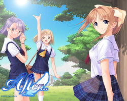  3girls :d after_(game) after_sweet_kiss arm_up black_dress blue_eyes day dress kishi_youko looking_at_viewer multiple_girls necktie open_mouth orange_hair plant puffy_short_sleeves puffy_sleeves red_necktie school_uniform shiomiya_kanami short_hair short_sleeves smile standing sun sunlight takawashi_nagisa tony_taka tree uniform waving 