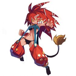  beast_master_(disgaea) bra disgaea female harada_takehito jumping lion_tail makai_senki_disgaea_2 navel official_art open_mouth panties pointy_ears red_hair solo standing tail underwear wristband yellow_eyes 