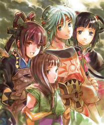  1boy 3girls armor belt black_hair blue_eyes bow brother_and_sister brown_eyes brown_hair capelet expressionless fingerless_gloves freyjadour_falenas fujikawa_arika gensou_suikoden gensou_suikoden_v gloves hair_rings hand_on_another&#039;s_shoulder headband height_difference long_hair looking_at_viewer lymsleia_falenas lyon_(suikoden) miakis_(suikoden) multiple_girls outdoors pink_bow red_eyes short_hair siblings sidelocks silver_hair smile 